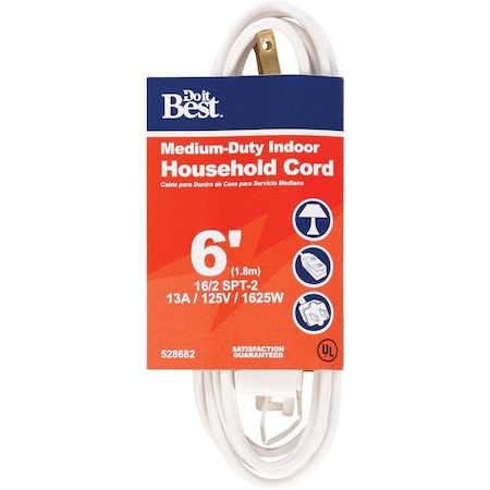 All-Source SPT-2 Extension Cord, 16 AWG, Indoor, 16/2, 1 Outlets, White, 6 ft IN-PT2162-06X-WH